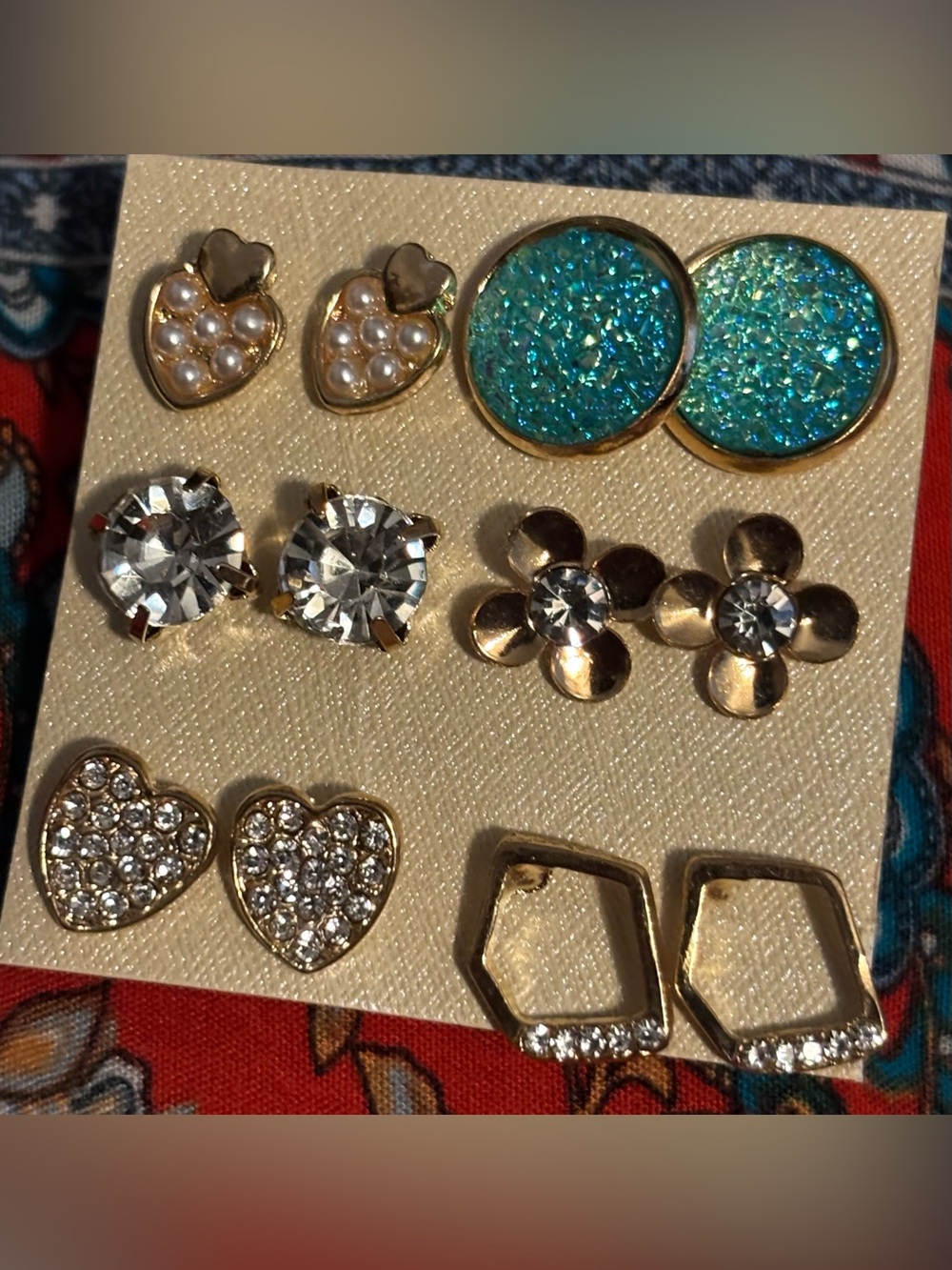 Gold-Tone Earring Set of 6 Pairs with Turquoise Druzy and Crystal Accents
